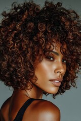 Fototapeta premium Radiant Woman with Voluminous Auburn Curls and Glowing Skin Looking Back Over Shoulder, Showcasing Textured Hair and Confident Beauty