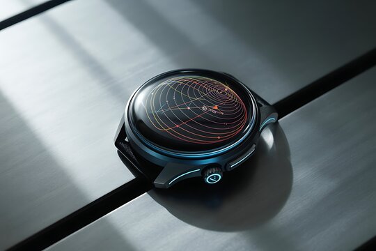 Futuristic smartwatch displays intricate digital data visualization with glowing neon accents on a sleek metallic surface