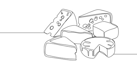 Hand drawn continuous line set of various cheese blocks. Strokes can be edited.