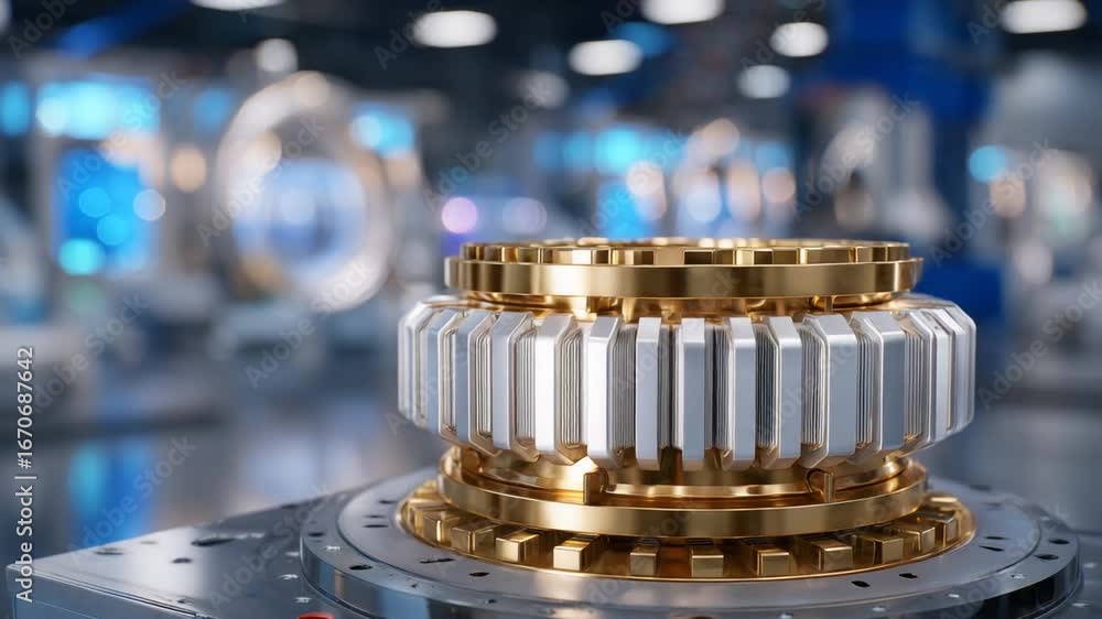 Poster a gleaming gold superconductor coil on a transformer base illuminates a high-tech energy facility, w