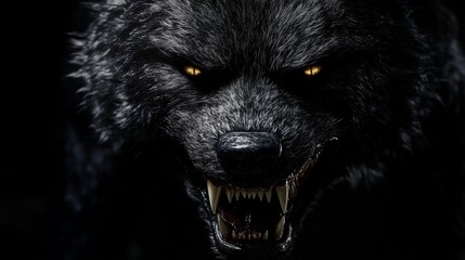Black wolf with yellow eyes. Portrait of black wolf and black dog with black face. A young girl with a sharp grin and a unique expression of growling teeth concept. A dark-colored lifestyle wolf with.