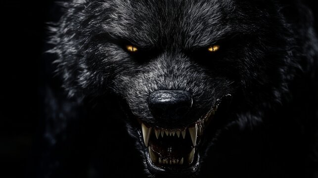 Black wolf with yellow eyes. Portrait of black wolf and black dog with black face. A young girl with a sharp grin and a unique expression of growling teeth concept. A dark-colored lifestyle wolf with.