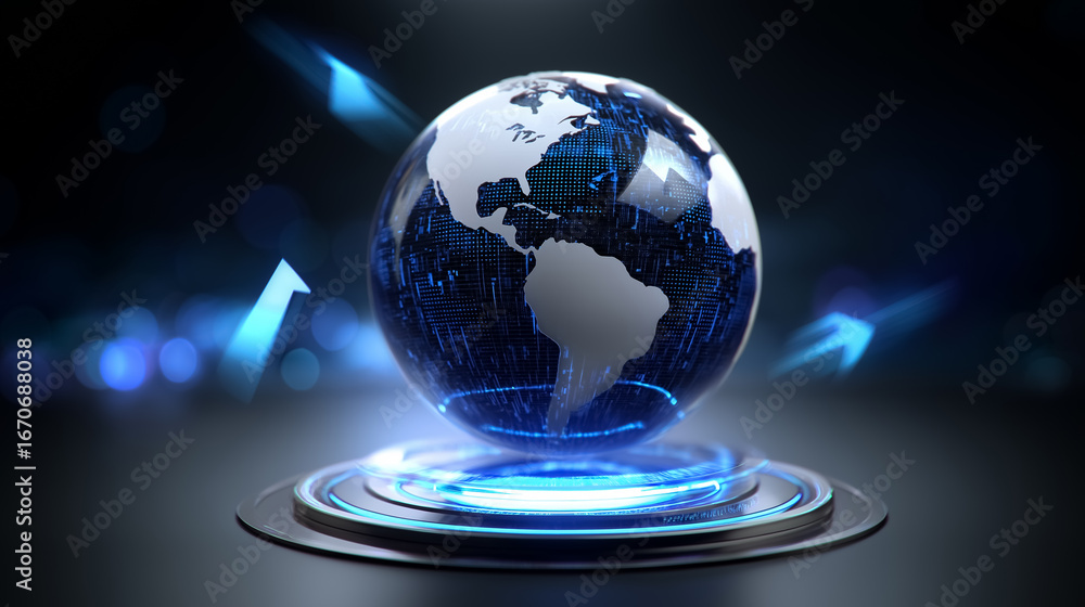 Poster transparent globe rotates, displaying digital data with glowing blue accents. set in a futuristic da