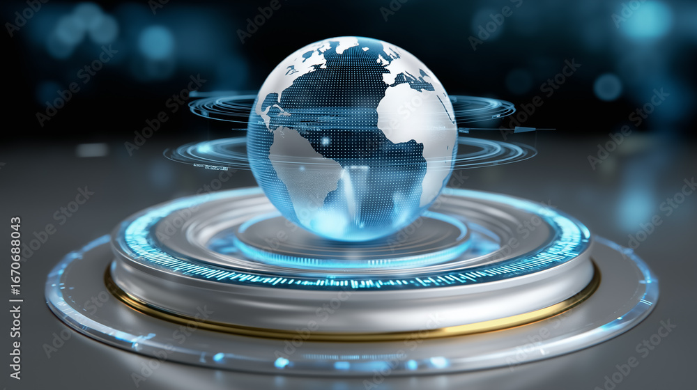Poster transparent globe projection rotates on sleek circular platform in a high-tech environment. bright b