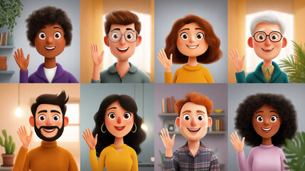 Group of eight individuals smiling and waving in a vibrant video call interface showcasing a friendly virtual meeting. Bright, modern workspace with plants