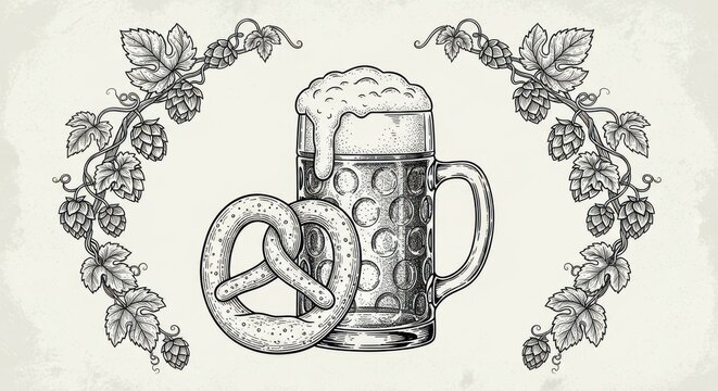 Vintage Oktoberfest emblem with beer, pretzel, and hop frame