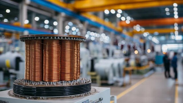 A golden coil of superconductor wire glows under soft industrial lights in a power station, with blurred transformer components and power lines in the background.