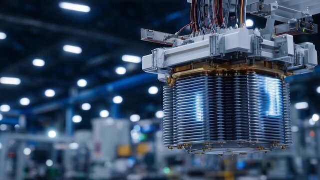 A 95Industrial transformer with a golden superconductor coil gleams under bright lighting, showcasing intricate winding patterns and sturdy metal supports.