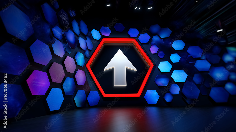 Poster hexagonal wall display featuring illuminated upward arrow in striking colors. modern setting with sl