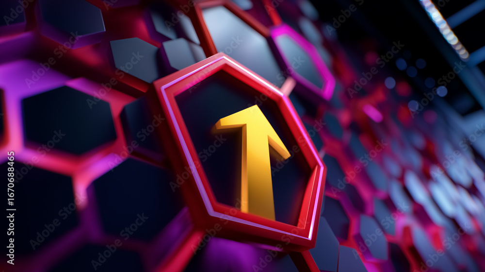 Aufkleber rotating hexagonal wall features illuminated upward arrow in striking colors. futuristic setting wit