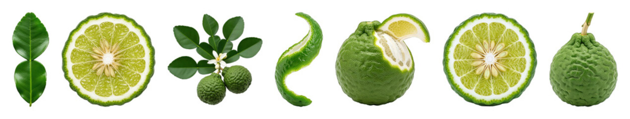 Kaffir lime set including whole fruit, halved, peeled skin, leaves, and flower isolated. Asian cooking and culinary ingredient collection.