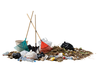 清掃用具と散乱ゴミの山鮮明な写真