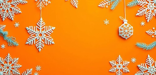 Intricate paper-cut style gingerbread snowflakes & ornaments border on warm orange background, cookie, christmas
