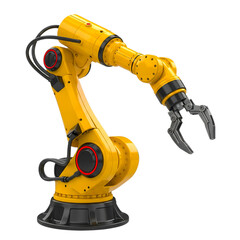 Yellow industrial robotic arm isolated on transparent background