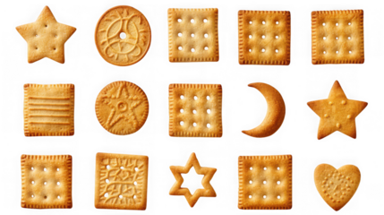 Assortment of various cookies and crackers in different shapes like star, circle, square, and crescent isolated on transparent background