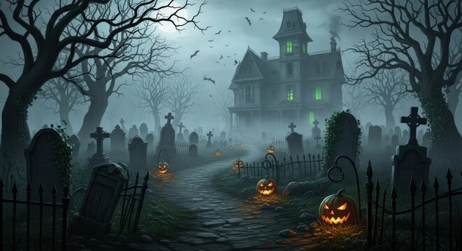 Eerie haunted house scene with glowing pumpkins in a spooky graveyard at night - Powered by Adobe