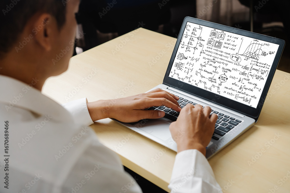 Poster mathematic equations and modish formula on computer screen showing concept of science and education