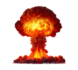 Gigantic fiery blast with massive smoke column rising into sky as symbol of catastrophe and unstoppable destructive force