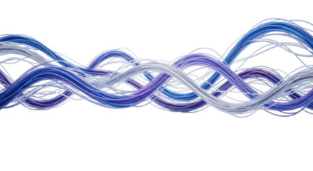 Abstract luminescent energy tendrils, fluid, cerulean, purple, silver, gracefully intertwining on white void background, copy space. Concept of serene cosmic energy and interconnectedness