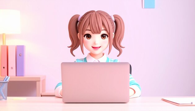 Animated Young Woman with Laptop at Desk Studying, Working, or Gaming