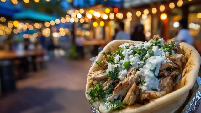 Experience the irresistible flavors of street food gyros with a mouthwatering mid-bite capture.