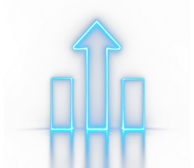 Shining neon upward arrow with glowing bars representing progress momentum and positive results in futuristic business growth and digital financial performance visualization