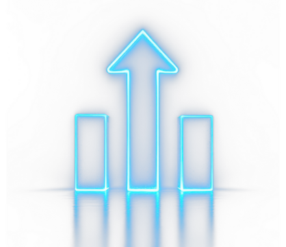 Shining neon upward arrow with glowing bars representing progress momentum and positive results in futuristic business growth and digital financial performance visualization
