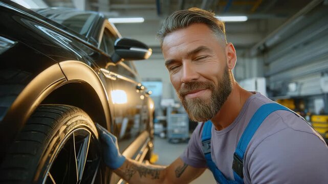 Close-up of a mechanic or tire fitter in overalls. He is examining a tire, showing his professionalism. He is smiling and looking at the camera, creating an image of a reliable and friendly specialist