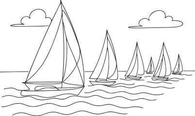 Big Regatta Line Drawing with Yachts Sailing on Ocean Vector Artwork