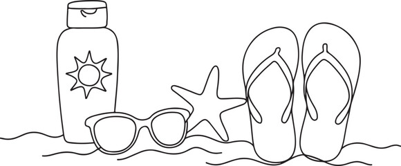 Sunscreen Lotion Sunglasses Flip Flops Starfish on Beach Line Drawing Vector