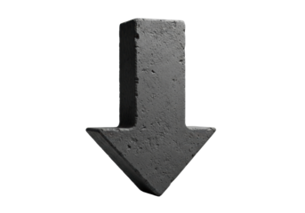 A dark charcoal, rugged concrete arrow pointing downward, isolated against a transparent background with copy space, concept of unwavering permanence and foundational direction
