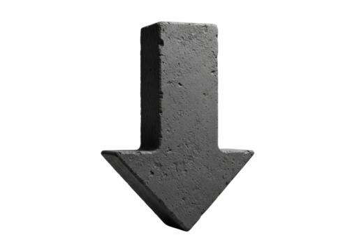A dark charcoal, rugged concrete arrow pointing downward, isolated against a transparent background with copy space, concept of unwavering permanence and foundational direction
