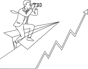 Young Businessman Flying with Paper Airplane Line Drawing Growth Concept