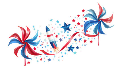 Naklejka premium Festive patriotic illustration with spinning pinwheels, a rocket, and stars in red, white, and blue colors, celebrating independence isolated on transparent background