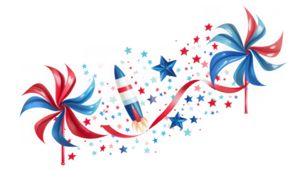 Festive patriotic illustration with spinning pinwheels, a rocket, and stars in red, white, and blue colors, celebrating independence isolated on transparent background