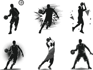 Basketball player illustrations, action poses, dribbling, shooting, passing, halftone style, black and white sketch, sports energy, dynamic movement, graphic art