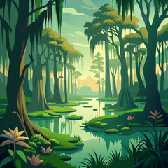 Lush green swamp with cypress trees and spanish moss reflecting in the water