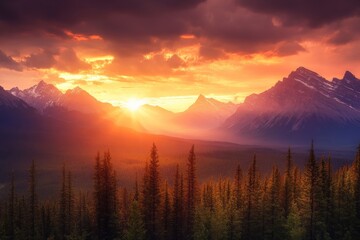 Beautiful sunset over a mountain range with a few trees in the foreground