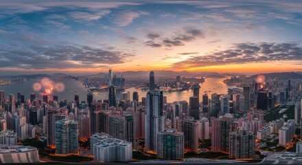 Fototapeta premium Spectacular Cityscape Fireworks Display at Sunrise Over Victoria Harbour