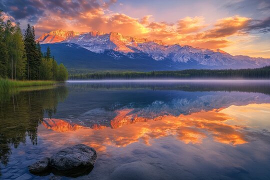 Beautiful mountain range is reflected in the calm waters of a lake