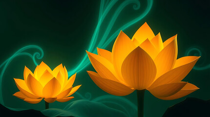 Two luminous lotus flowers in full bloom, radiating a warm, golden light against a swirling green backdrop, evoking a sense of tranquility and spiritual harmony