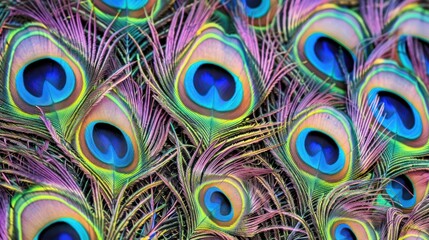 Obraz premium Colorful Peacock Feathers with Iridescent Blue Green Eyes and Fine Detailing for Nature and Wildlife Decor