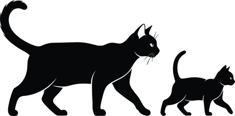 Cat kitten silhouettes, black vector illustration, walking posture, white background, feline duo, minimalist design, clean artwork, pet motion, animal profile view