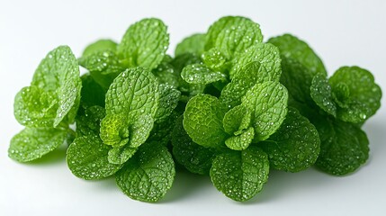 Fresh green mint leaves with water droplets arranged on a white background photo