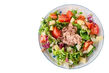 Tuna salad with lettuce, tomatoes, onions and cheese on a plate