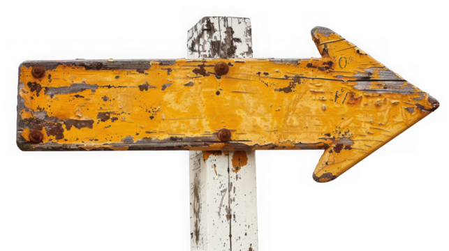 Old weathered yellow wooden signpost pointing to the right, isolated on transparent background
