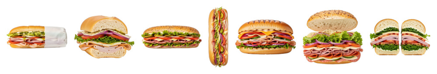 Sandwich set including sub, deli, grilled, roll, whole, halved, and open-faced options isolated. Fast food meal collection.