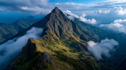 Majestic mountain peak surrounded by clouds
