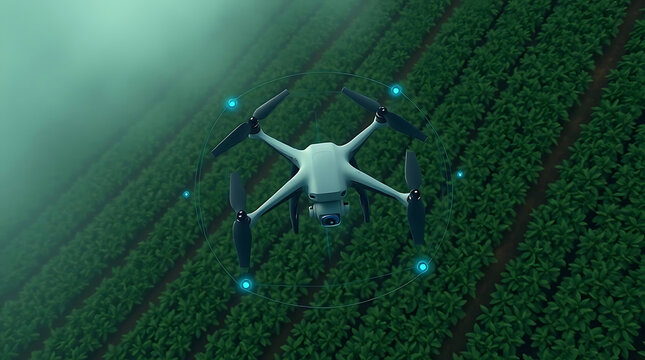 Drone flying over agricultural field, showcasing precision farming technology, aerial monitoring, and innovative solutions for efficient crop management and sustainable resource conservation