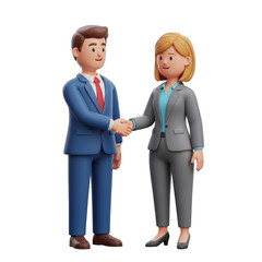 Fototapeta premium Two cartoon business people shaking hands in agreement isolated on transparent background